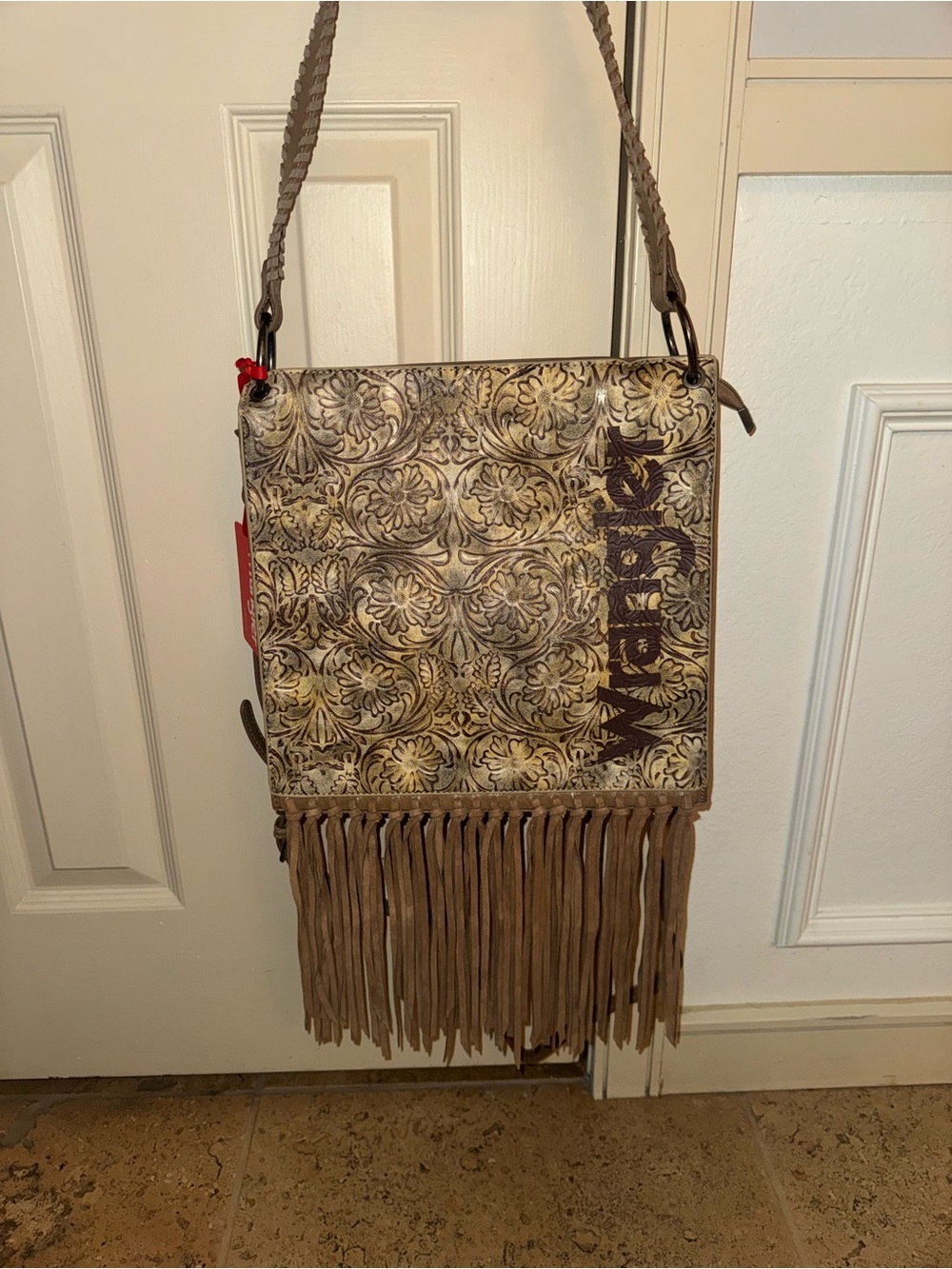 Wrangler Tan Floral Tooled Fringe Crossbody Bag